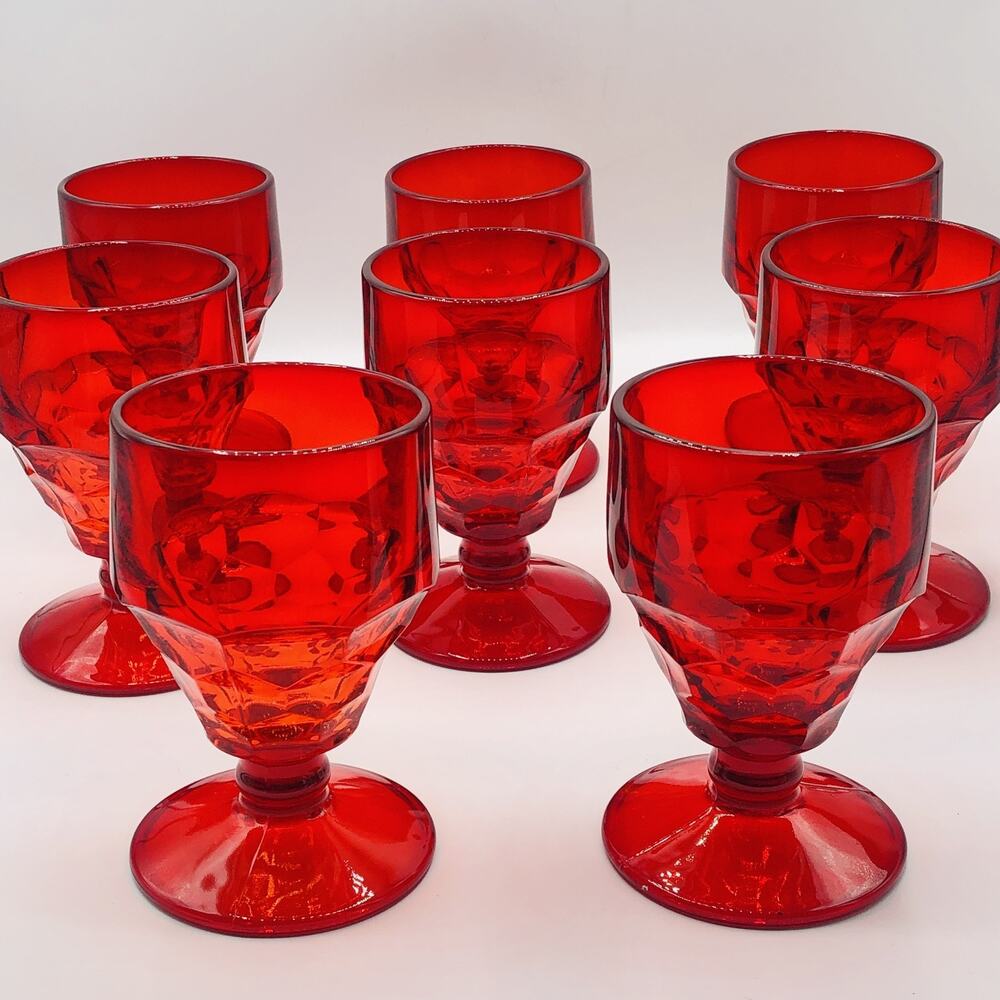 8 Vtg Ruby Red Octagonal Glass Goblets MCM Diamond Geometric Glasses 5"